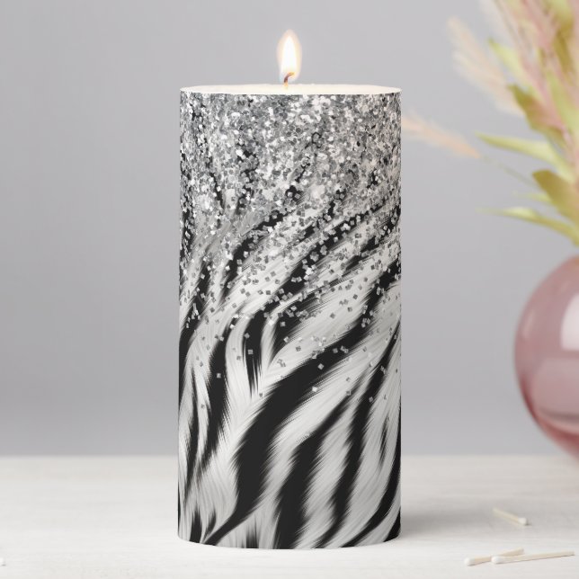 Gold Cream Glitzy Glitter Zebra Print Pillar Candle (In Situ)