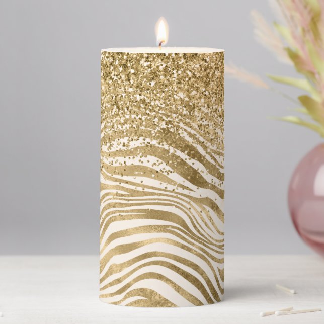 Gold Cream Glitzy Glitter Zebra Print Pillar Candle (In Situ)