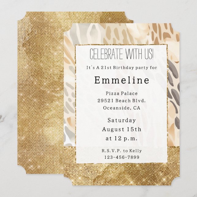 Gold Cream Ivory Animal Print Abstract Invitation (Front/Back)