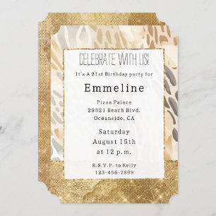 Gold Cream Ivory Animal Print Abstract Invitation
