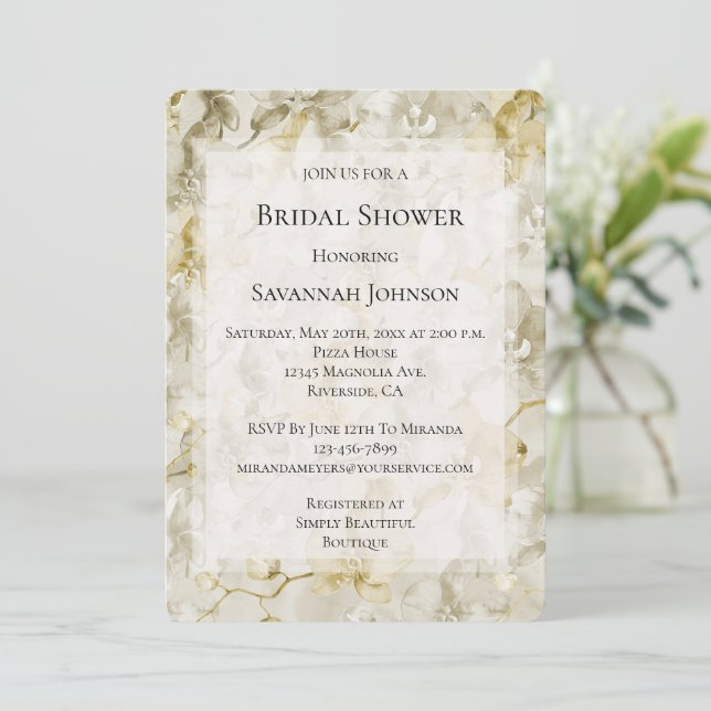 Gold Cream Orchid Flowers Bridal Shower Invitation (Standing Front)
