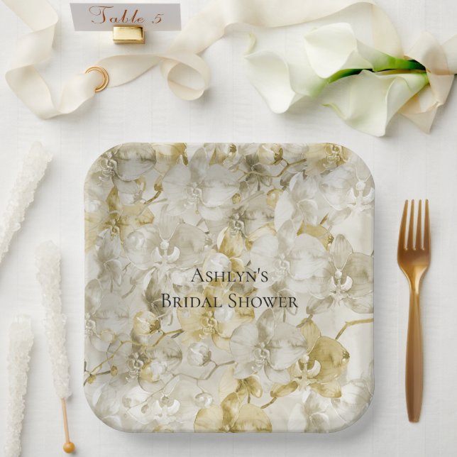 Gold Cream Orchid Flowers Bridal Shower Paper Plates (Wedding)