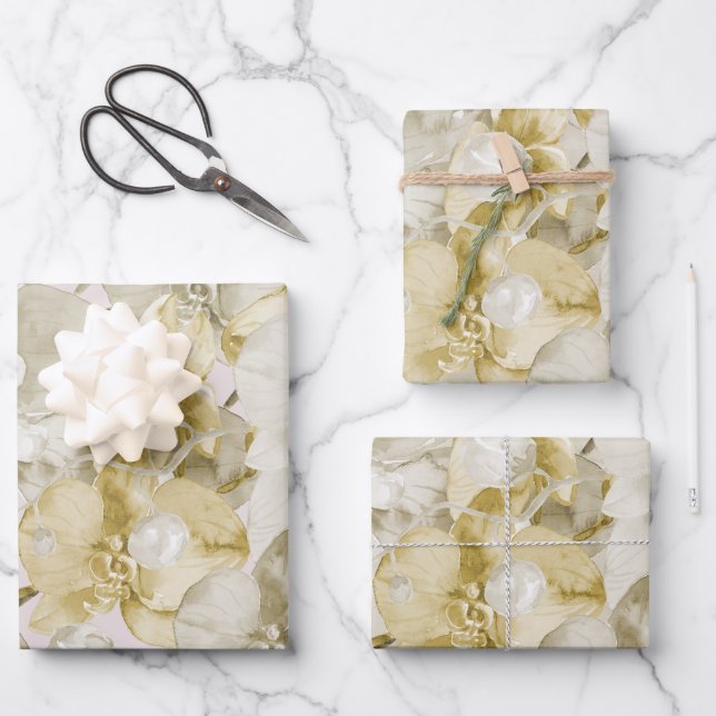 Gold Cream Orchid Flowers Bridal Shower Wrapping Paper Sheets (Front)