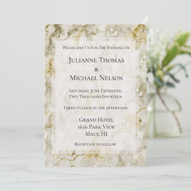 Gold Cream Orchid Flowers Romantic Wedding Invitation (Standing Front)