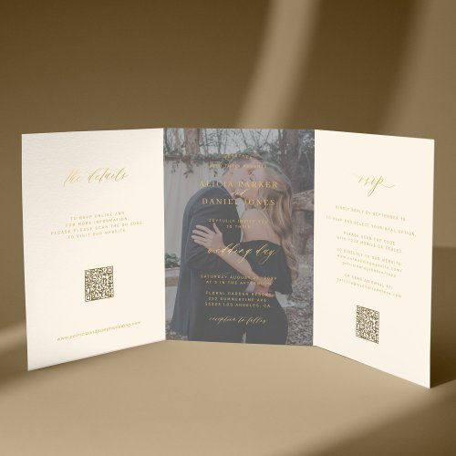 Gold cream photo wedding RSVP details QR code  Tri_Fold Invitation