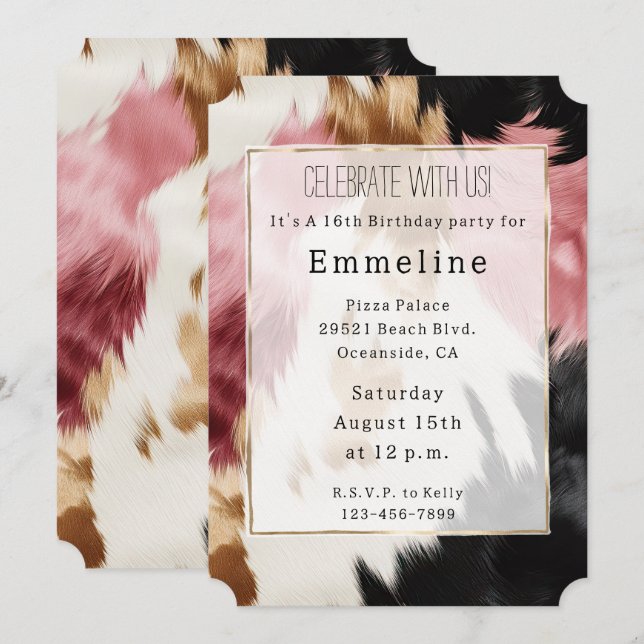 Gold Cream Pink Black Cowgirl Cowhide Invitation (Front/Back)
