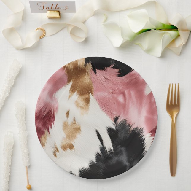 Gold Cream Pink Black Cowgirl Cowhide  Paper Plates (Wedding)