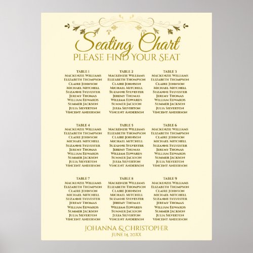 Gold  Cream Simple 9 Table Wedding Seating Chart