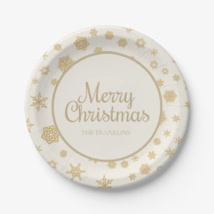 Gold Cream Snowflakes Family Name Merry Christmas Paper Plates