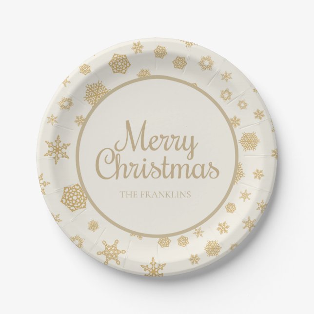 Gold Cream Snowflakes Family Name Merry Christmas Paper Plates (Front)