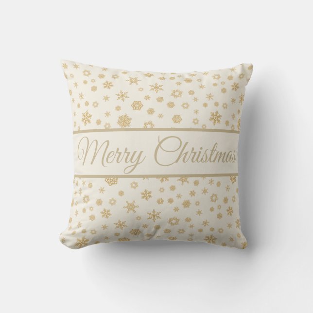 Gold Cream Snowflakes Merry Christmas Throw Pillow (Front)