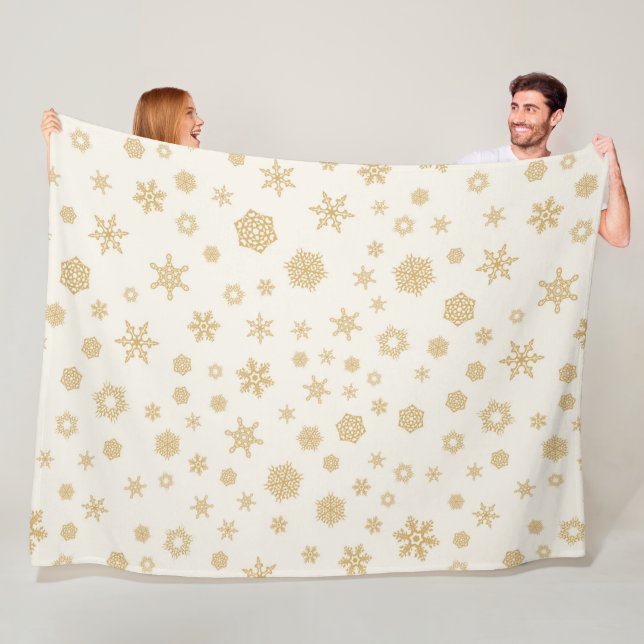 Gold Cream Snowflakes White Winter Christmas Fleece Blanket (In Situ)
