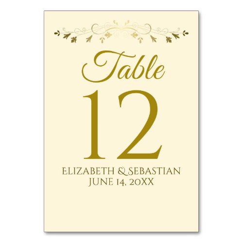 Gold  Cream Vintage Floral Border Elegant Wedding Table Number