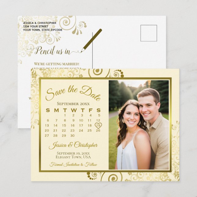 Gold & Cream Wedding Save the Date Calendar Photo Announcement Postcard (Front/Back)