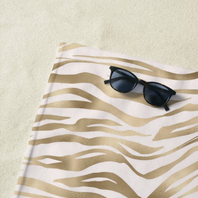 Gold Cream Zebra Print   Beach Towel (In Situ)