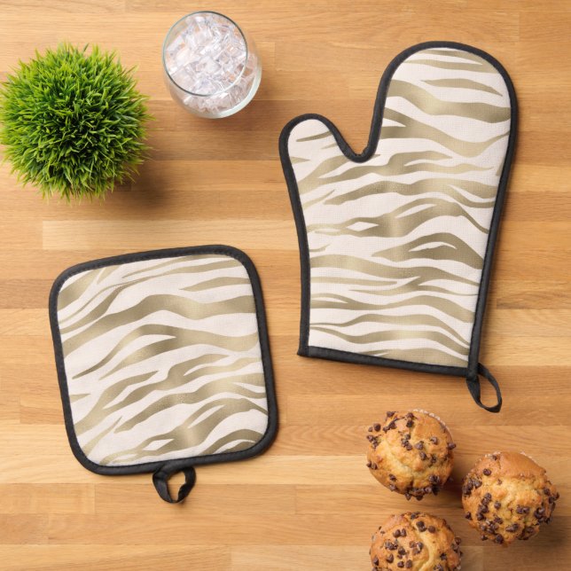Gold Cream Zebra Print   Oven Mitt & Pot Holder Set (Top Down)