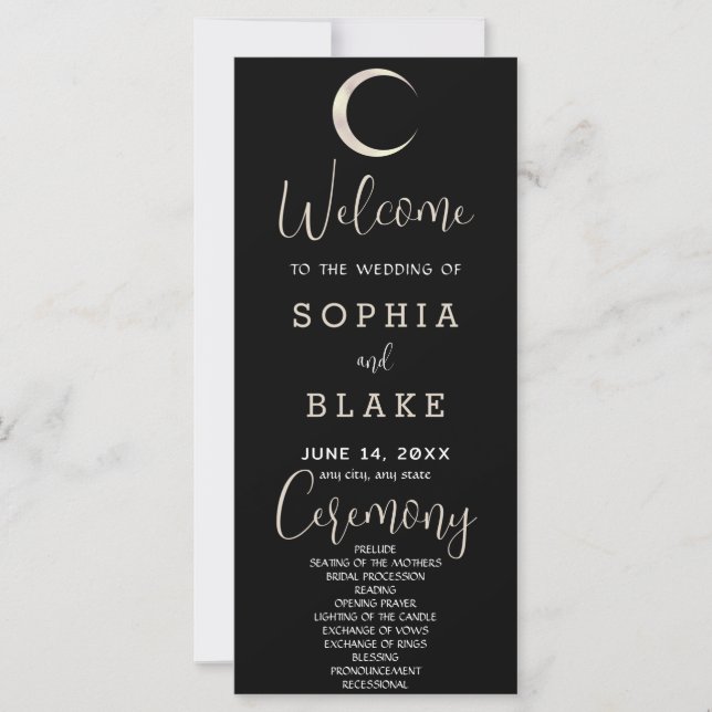 Gold Crescent Moon Celestial Black Wedding Program (Front)