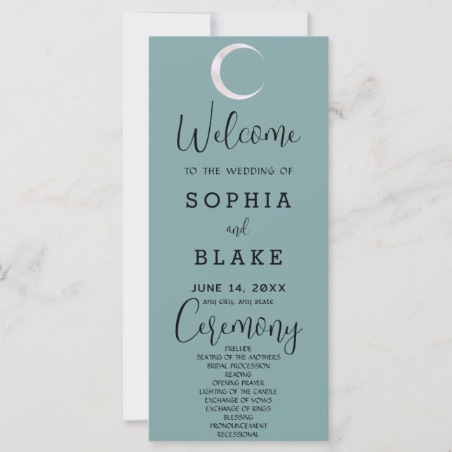 Gold Crescent Moon Celestial Blue Wedding Program (Front)