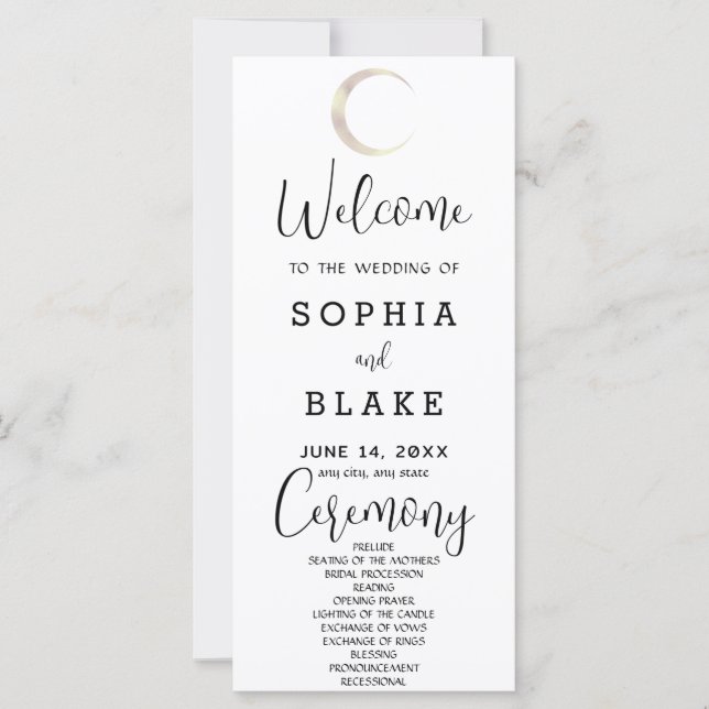 Gold Crescent Moon Celestial White Wedding Program (Front)