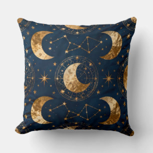 Gold Crescent Moon Deep Navy Celestial Night Sky Throw Pillow