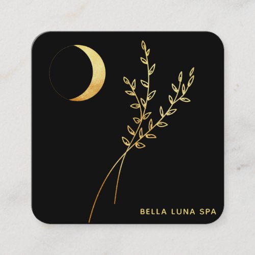   Gold Crescent Moon  Gold Foliage Leaves Square Business Card