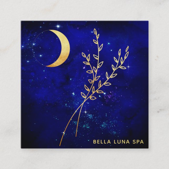 *~*  Gold Crescent Moon - Gold Foliage Leaves Square Business Card (Front)
