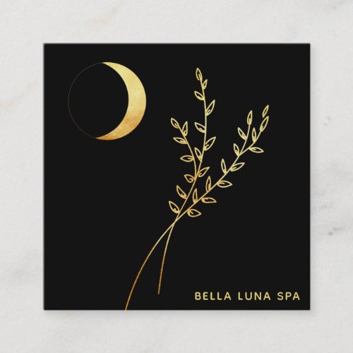   Gold Crescent Moon Gold Foliage Leaves Square Business Card