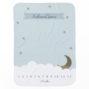 Gold Crescent Moon & Stars Blue Boy Milestone Baby Blanket
