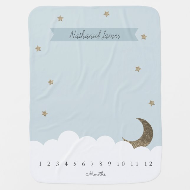 Gold Crescent Moon & Stars Blue Boy Milestone Baby Blanket (Front)