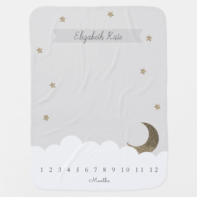 Gold Crescent Moon & Stars Gray Milestone Baby Blanket (Front)