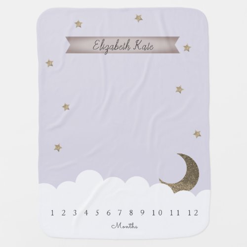 Gold Crescent Moon  Stars Lilac Milestone Baby Blanket
