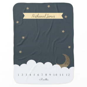Gold Crescent Moon & Stars Navy Blue Milestone Boy Baby Blanket