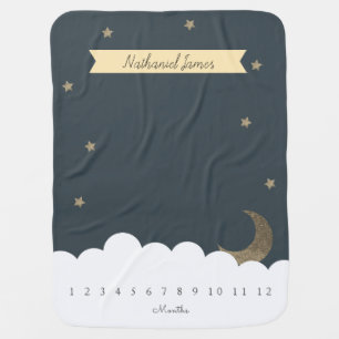 Gold Crescent Moon & Stars Navy Blue Milestone Boy Baby Blanket
