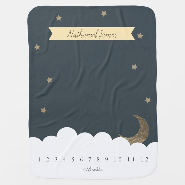 Gold Crescent Moon & Stars Navy Blue Milestone Boy Baby Blanket (Front)