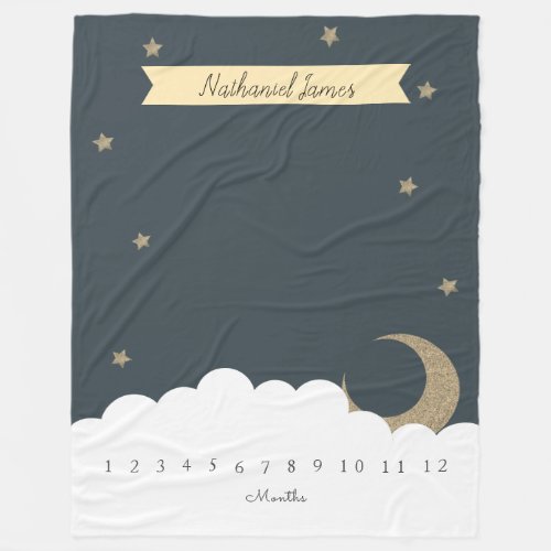 Gold Crescent Moon  Stars Navy Blue Milestone Boy Fleece Blanket