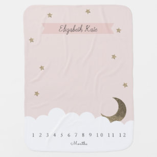 Gold Crescent Moon & Stars Pink Girl Milestone Baby Blanket