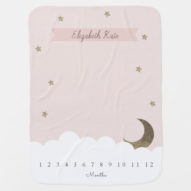 Gold Crescent Moon & Stars Pink Girl Milestone Baby Blanket (Front)