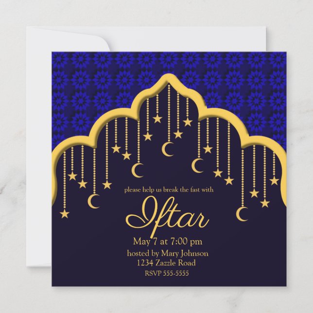 Gold Crescent Moons & Stars Ramadan, blue Invitation (Front)