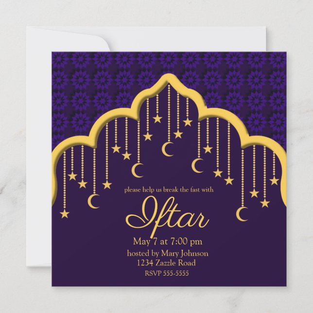 Gold Crescent Moons & Stars Ramadan, purple Invitation (Front)