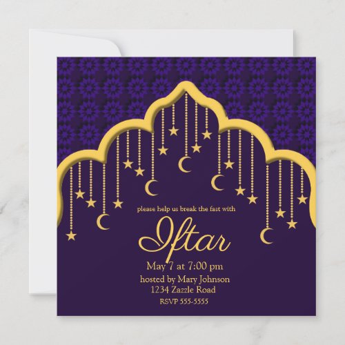 Gold Crescent Moons  Stars Ramadan purple Invitation