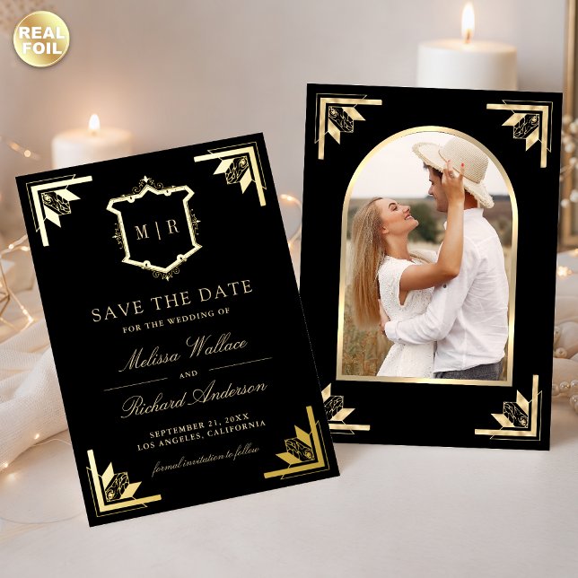 Gold Crest Black Wedding Save the Date Foil Invitation (Creator Uploaded)