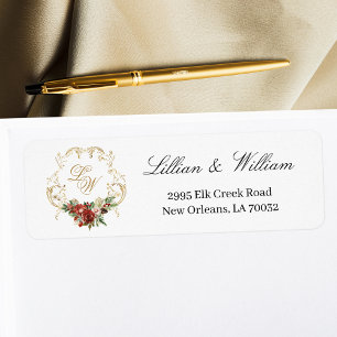 Gold Crest Christmas Floral Wedding Monogram Label