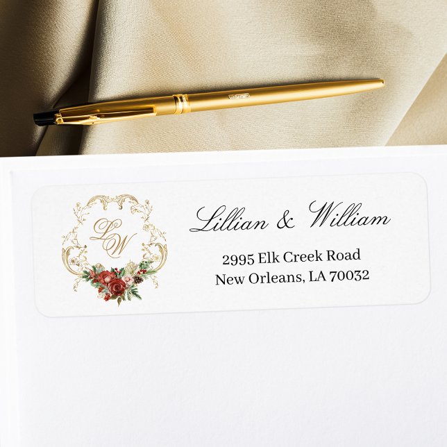 Gold Crest Christmas Floral Wedding Monogram Label (Creator Uploaded)