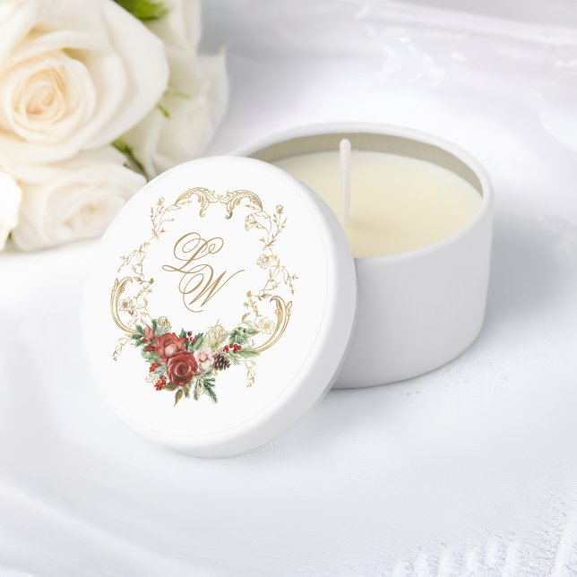 Gold Crest Christmas Floral Wedding Monogram Mini Candle Favors (Creator Uploaded)