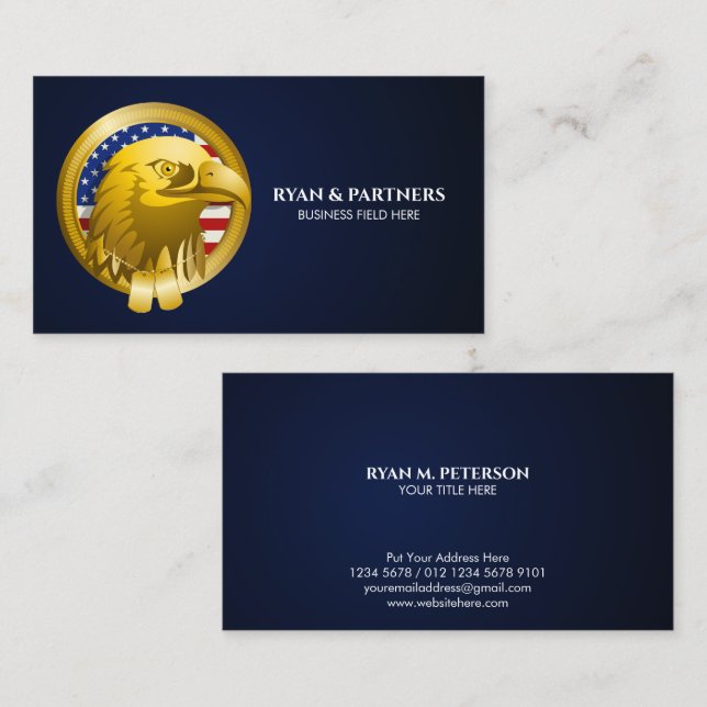Gold Crest Eagle Emblem USA Flag | Dark Blue Business Card (Front/Back)