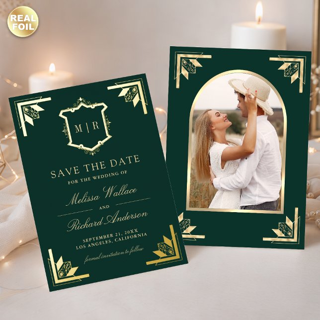 Gold Crest Emerald Green Wedding Save the Date Foil Invitation (Creator Uploaded)