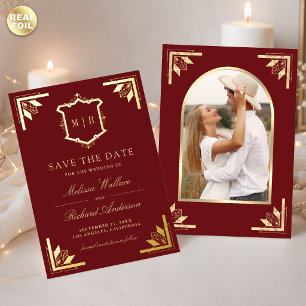 Gold Crest Maroon Red Wedding Save the Date Foil Invitation