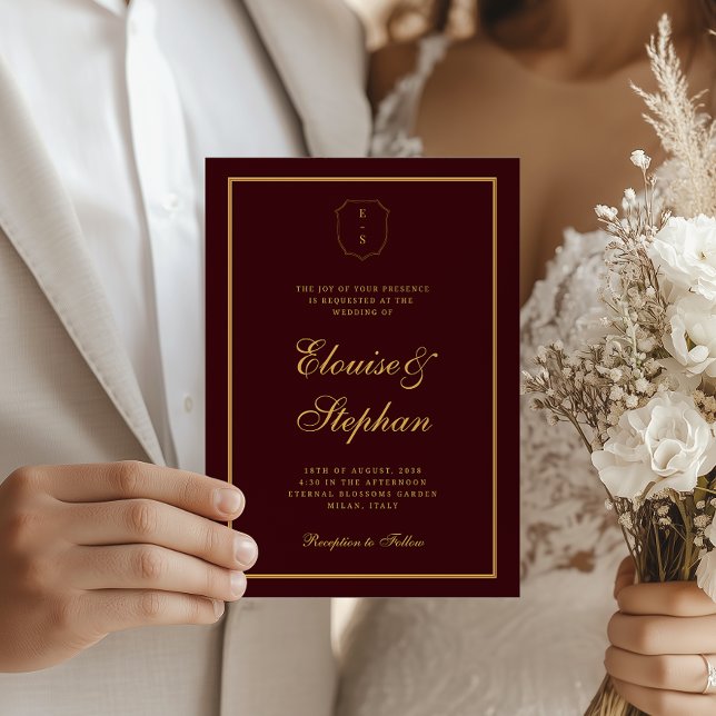 Gold Crest Monogram Burgundy All in One Wedding Invitation (Creator Uploaded)