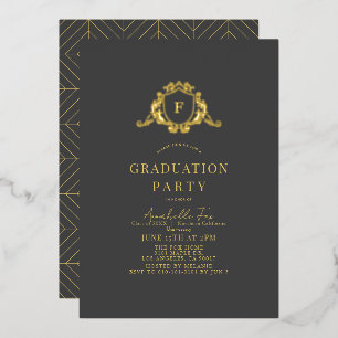 Gold Crest Monogram Dark Gray Graduation Foil Invitation