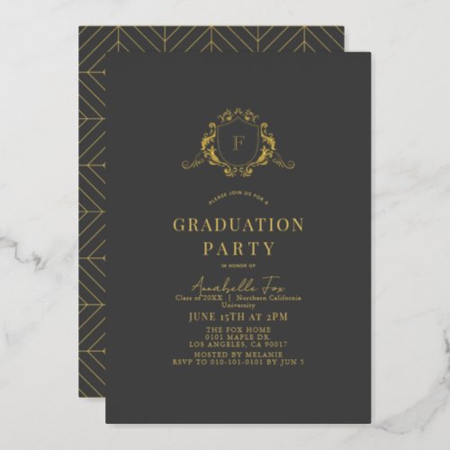 Gold Crest Monogram Dark Gray Graduation Foil Invitation